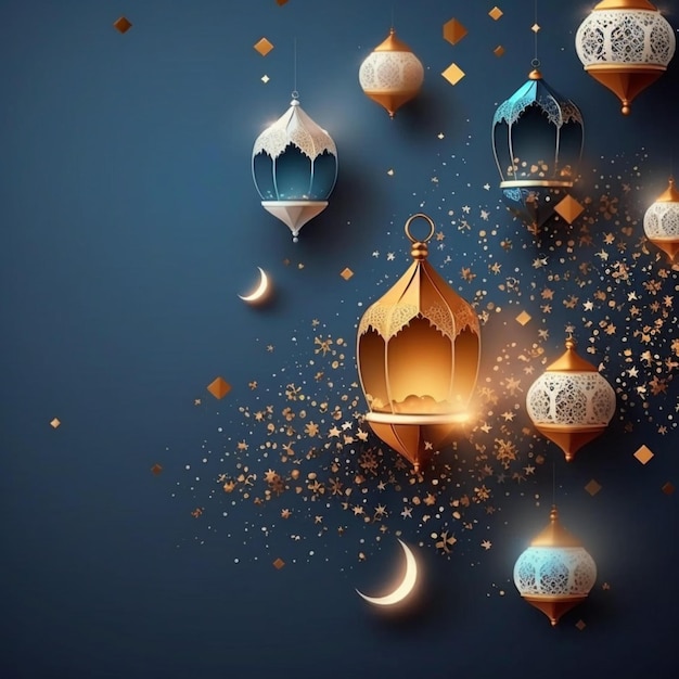 Golden and white lanterns islamic ramadan falling confetti blue background