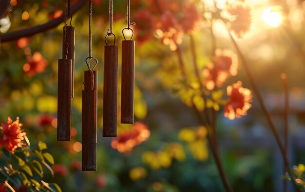 Photo golden wind chimes at sunset