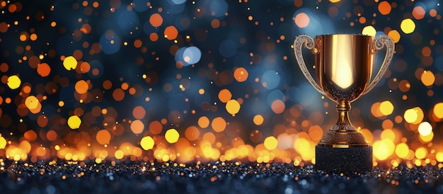 Фото Золотой трофей с абстрактными блестящими огнями на темном размытом фоне