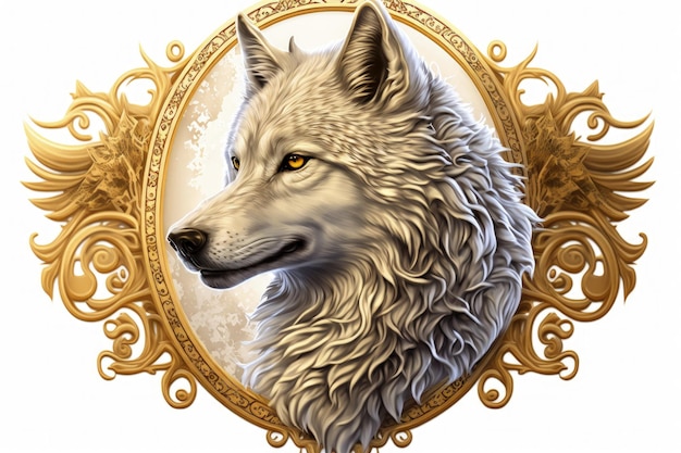 Golden wolf emblem illustration white background Generative AI