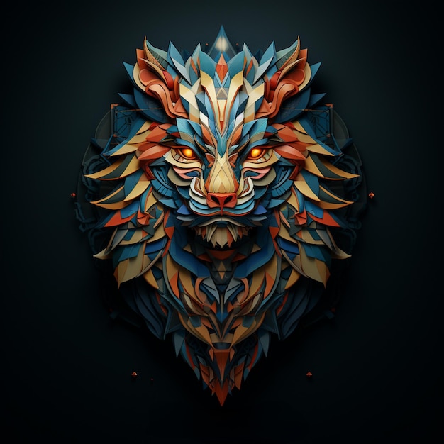 A golden wolf head on blacklit room in the style of colorful layered forms and conceptual art pieces