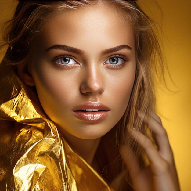 Golden woman face closeup studio background photoshot