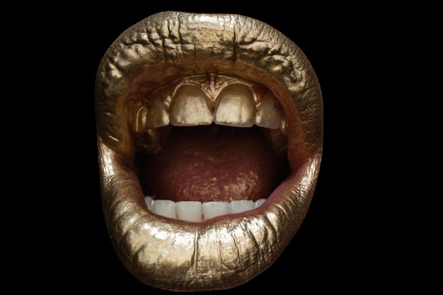 Golden woman lips womans gold lip female mouth close up with\
golden lipstick screaming mouth isolated shouting mouth close\
up