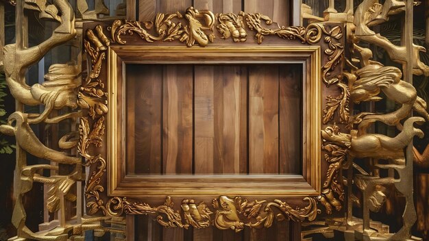 Golden wooden frame isolated on transparen