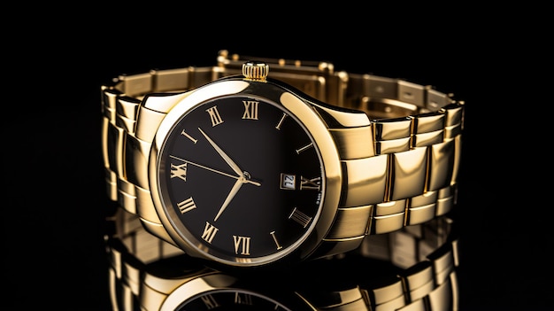 Golden wrist watch isolated on black background