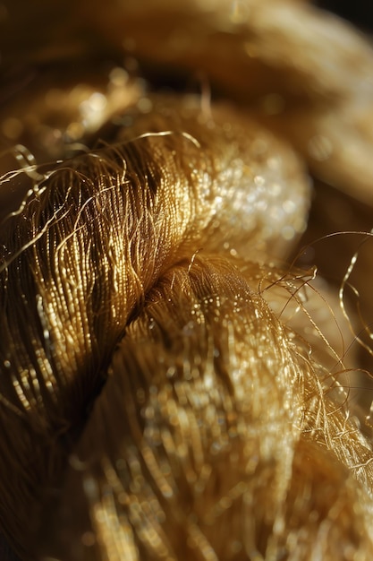 Photo golden yarn closeup with soft bokeh lights