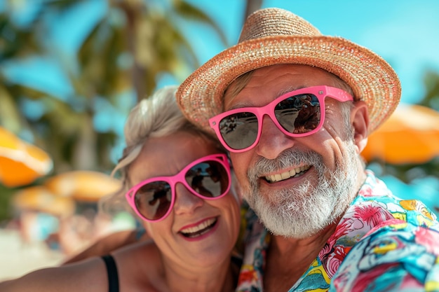 Golden Years Getaway A joyful senior couple enjoying a vibrant summer vacation showcasing timeless