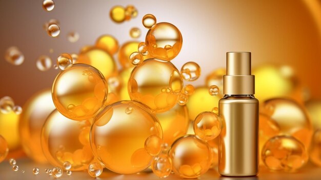 Foto olio a bolle gialle dorate o siero di collagene per prodotti cosmetici