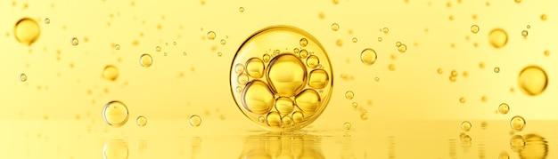 Photo golden yellow bubbles oil or collagen serum for cosmetic product