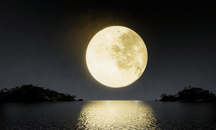 The golden yellow full moon is reflected in the sea The shadow of the island in the ocean The sky has many stars Ripples on the sea at night3D Rendering