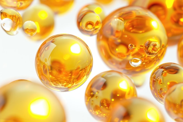 Golden yellow oil bubbles macro photography on white background