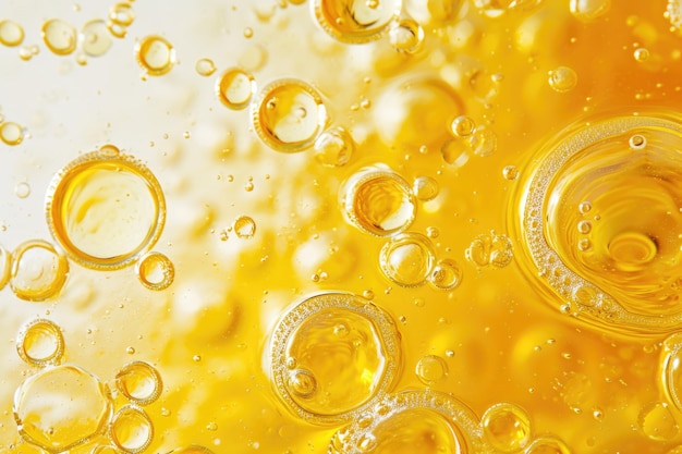 Golden yellow oil bubbles macro photography on white background