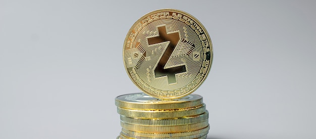 Golden ZCASH ZEC cryptocurrency coin stack, Crypto is Digital Money within the blockchain network