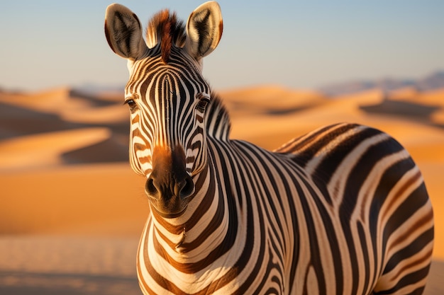 Golden zebra at dusk in the desert between palmeiras generative ia