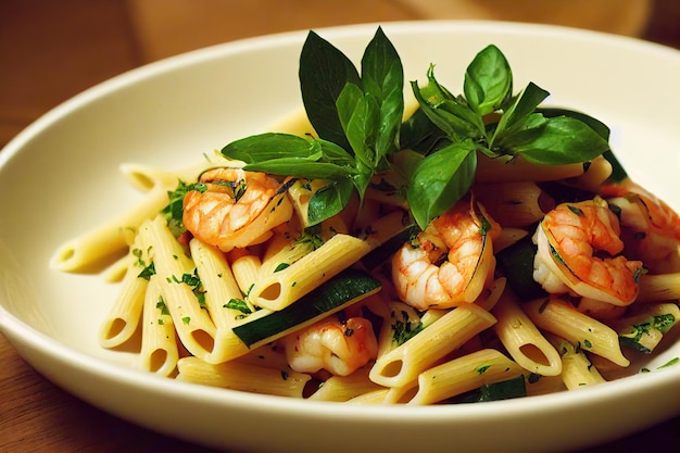 Golden zucchini pasta with pink shrimps and basil leaves