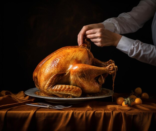 A goldenbrown Thanksgiving turkey being placed