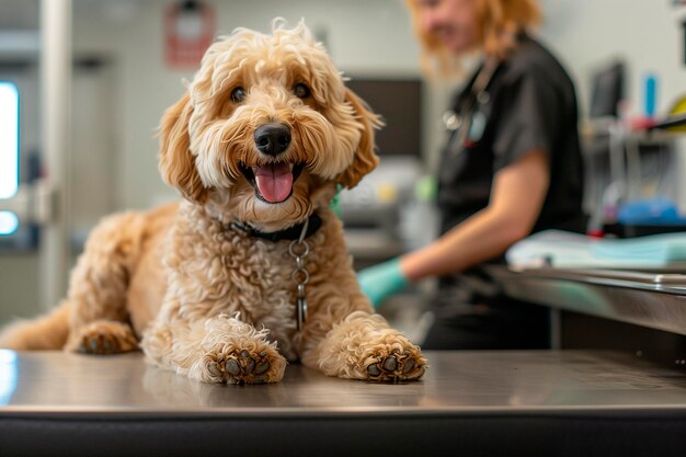 Foto goldendoodle bij de dierenarts.