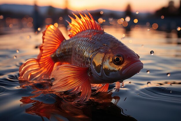 Photo goldenfish emerges in twilight lake between nestylers generative ia