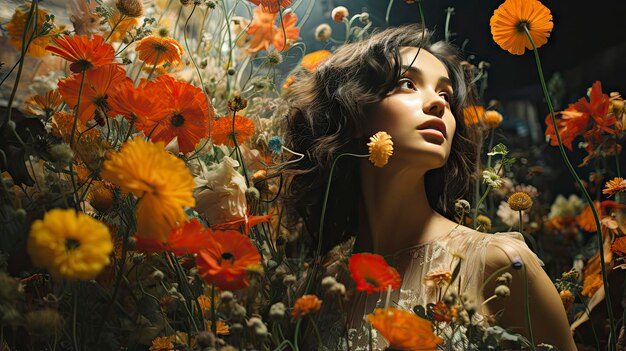 Goldenhaired lady surrounded by radiant blooms beneath a clear azure sky epitomizing the splendor of nature and otherworldly grace