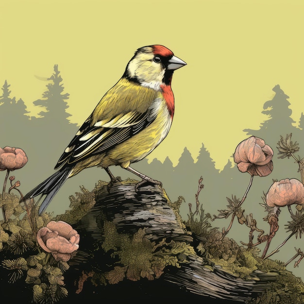 Photo goldfinch line art a delicate bird perched on moss