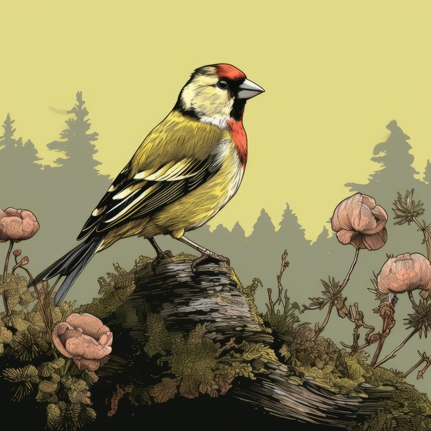Foto goldfinch line art een delicate vogel die op mos zit