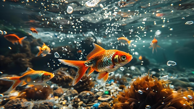 Photo goldfish amidst bubbles and plastic a glimpse of ocean39s plight concept ocean pollution marine life plastic waste goldfish habitat environmental conservation