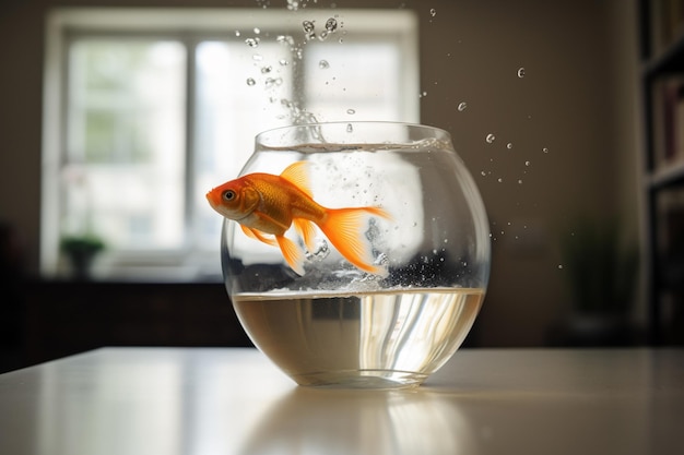 A goldfish in a bowl is swimming in a bowl.