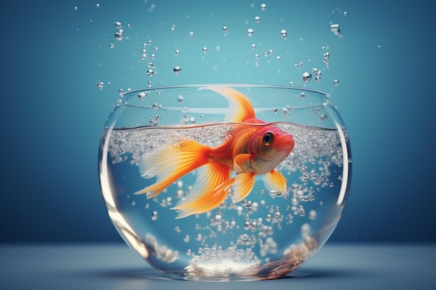 A goldfish in a bowl with bubbles in it