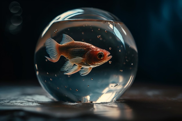 A goldfish in a bowl with a small bubble in it