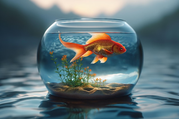 Goldfish closed in a glass vial with the sea around it generative ai