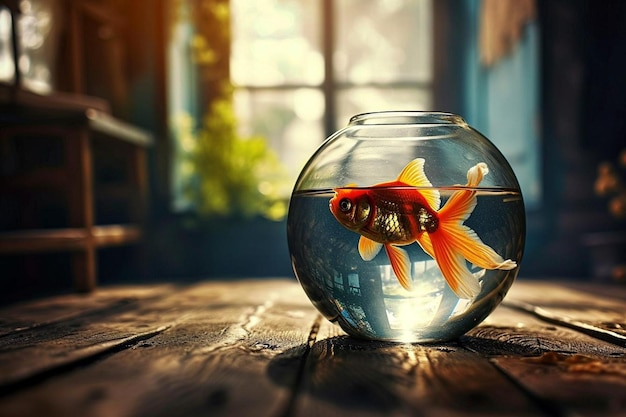 Photo goldfish from behind in a fishbowl