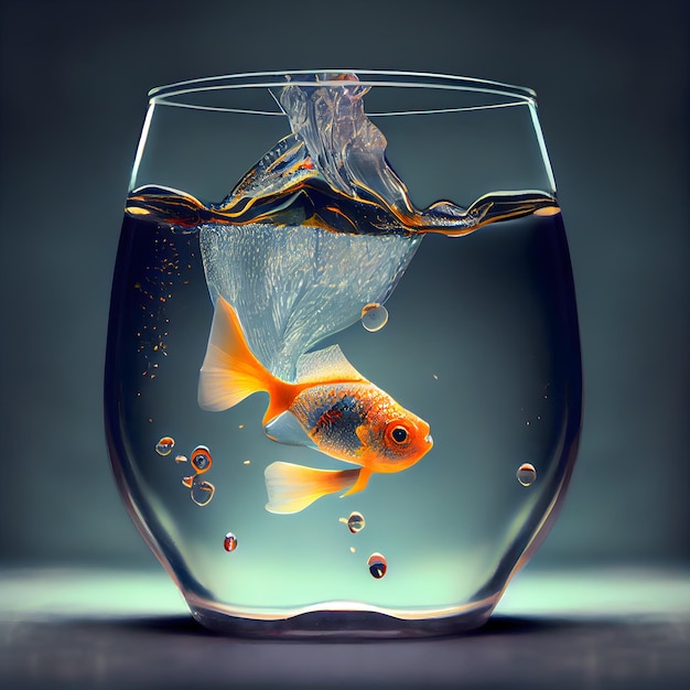 Goldfish in a glass bowl with water and air bubbles on gray background