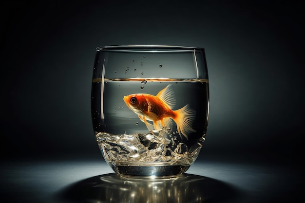 Goldfish in Glass Fishbowl Black Background Indoor Aquarium Studio Shot