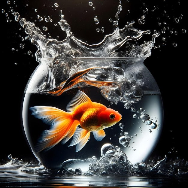 Золотая рыбка в стеклянной посуде с брызгами воды, падающими на черный фон
