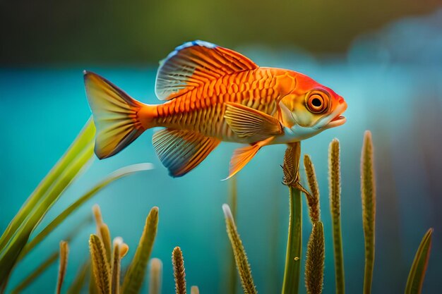 a goldfish is in front of a green plant