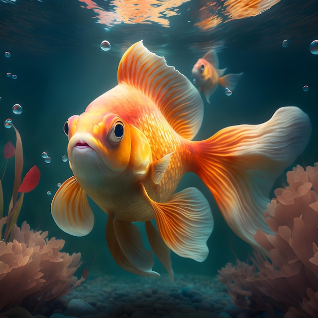 A goldfish is swimming in an aquarium with a red and yellow tail.