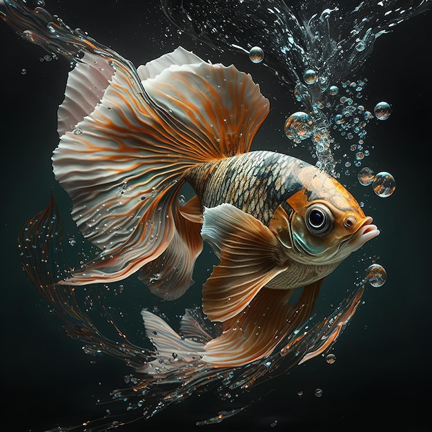 A goldfish is swimming in the water with a black background.