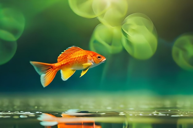 a goldfish is swimming in the water with the sun shining behind him