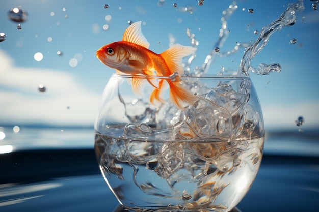 Goldfish leaps out of the aquarium to throw itself into the sea generative ai