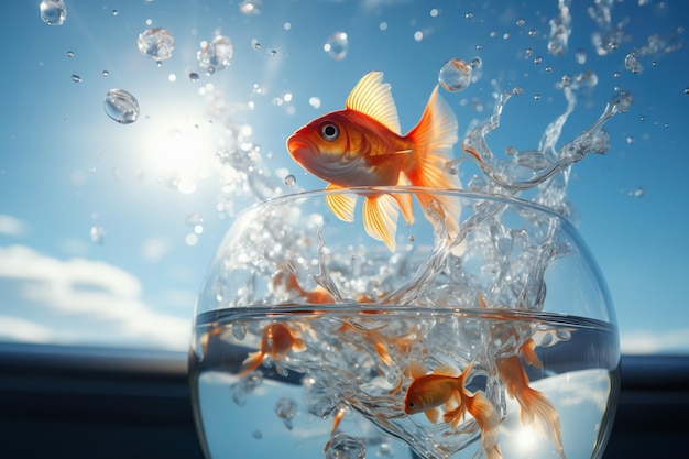 Goldfish leaps out of the aquarium to throw itself into the sea generative ai