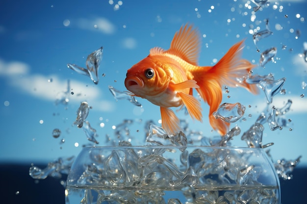 Goldfish leaps out of the aquarium to throw itself into the sea generative ai