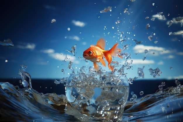 Goldfish leaps out of the aquarium to throw itself into the sea generative ai