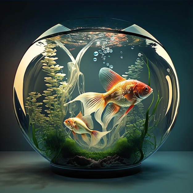 The goldfish in a round glass aquarium ornamental fish concept