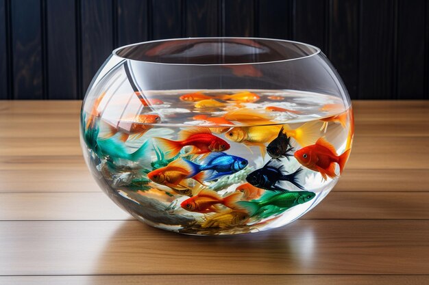 Photo goldfish in a round glass aquarium on a wooden table in the room ai generated