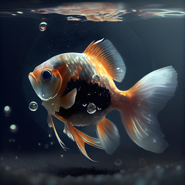 Goldfish swimming in aquarium with water bubbles 3D illustration