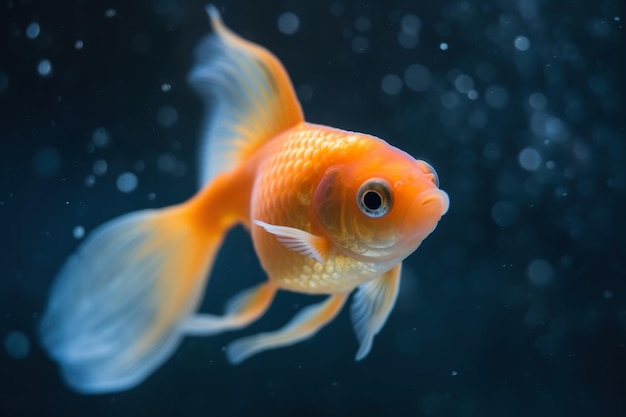 A goldfish swimming in a dark tank