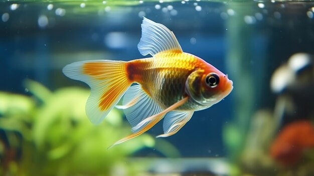 Photo goldfish swimming through its aquarium