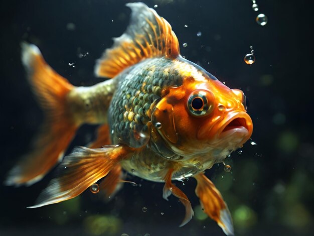 Goldfish swimming in the water Underwater world Close up