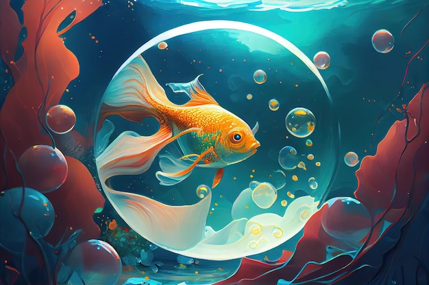 a goldfish and a water bubble