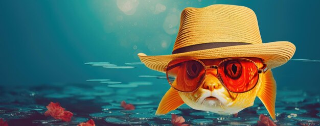 Photo goldfish wears hat with sunglass